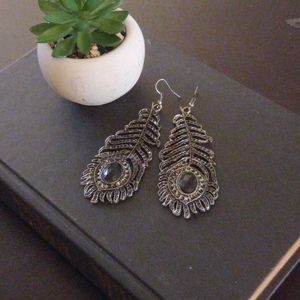 Bohemian silver feather earrings w/ black stone